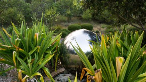 A large ball with a mirror surface among green and yellow grasses.