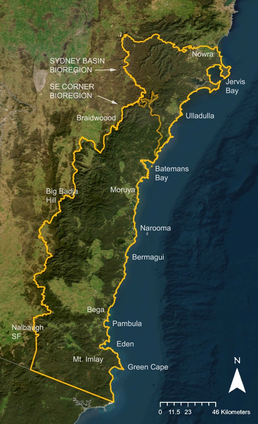 A map of the collecting region A map indicating an area of NSW South Coast from Nowra to the Victorian border.