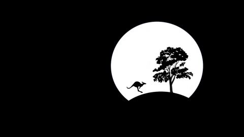 Black and white image of a large, white moon on black background with the silhouettes of a kangaroo jumping in front of the moon and a tree