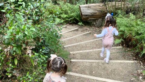 Two children walking down the steps of a nature track.